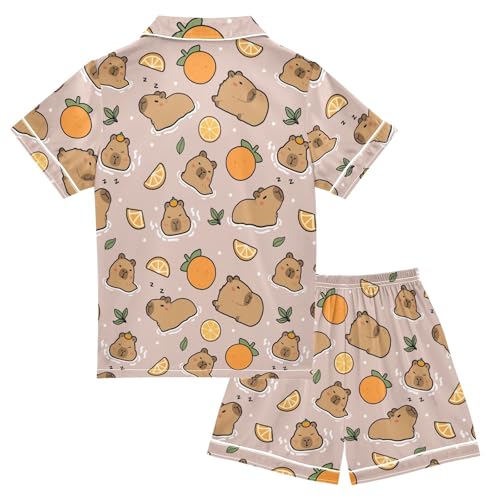Cute Capybara with Oranges Pink Summer Satin Pajama Set, Cute Button-Down Sleepwear Pj Set for Sleep Wears2
