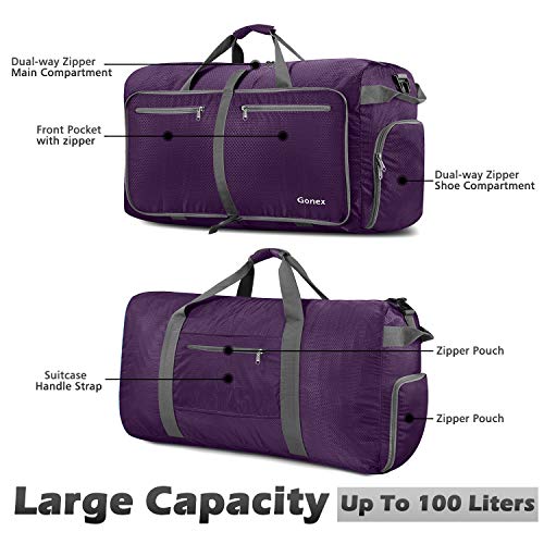Gonex 100L Foldable Travel Duffel Bag for Luggage Gym Sports, Lightweight Travel Bag with Big Capacity, Water Repellent (Purple)