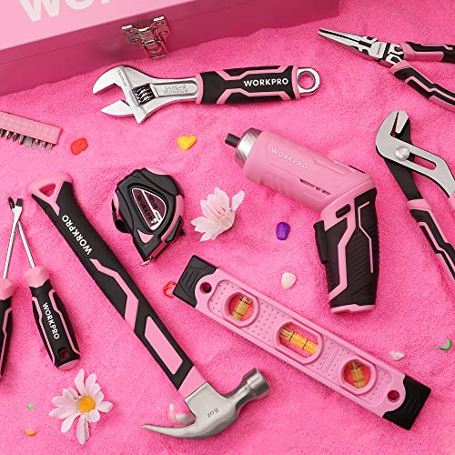 Workpro 75-Piece Pink Tools Set, 3.7V Rotatable Cordless Screwdriver And Household Tool Kit, Basic Tool Set With 13'' Portable Steel Tool Box For Home, Garage, Apartment, Dorm, New House - Pink Ribbon #TOP2