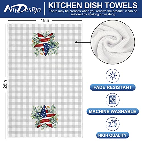 Anydesign Patriotic Kitchen Towel 18 X 28 Inch 4Th Of July Gray Buffalo Plaids Dish Cloth American Flag Star Hearts Green Leaves Hand Drying Tea Towel For Independence Day Memorial Day Cooking, 2Pcs #TOP1