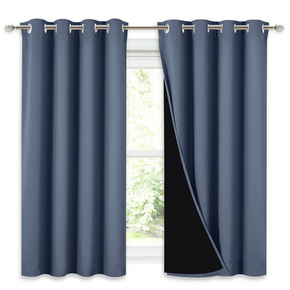 NICETOWN 100% Blackout Curtains with Black Liners, Thermal Insulated Full Blackout 2-Layer Lined Drapes, Energy Efficiency Window Draperies for Boy's Room (Stone Blue, 2 Panels, 52-inch by 54-inch)