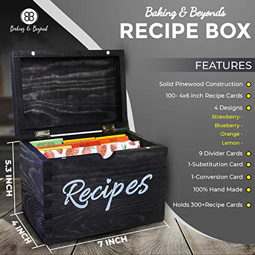 Baking & Beyond Recipe Box, Recipe Card Holder Box With 100 4X6 Inch Recipe Cards, 9 Dividers, 1 Conversion & 1 Substitution Card, Vintage Style Solid Pinewood Recipe Organizer (7X5.3X4, Black) #TOP1