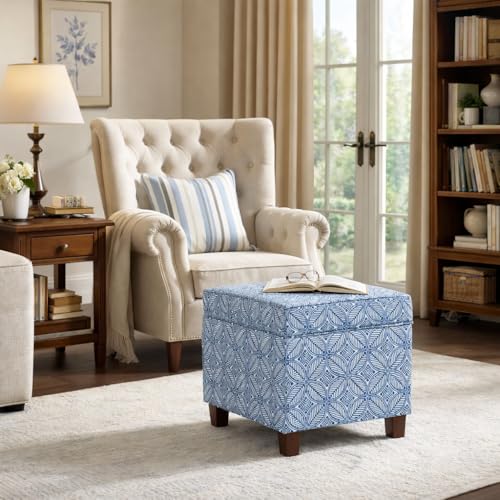 Image of HomePop Home Decor | K7342-A874 | Classic Square Storage Ottoman with Lift Off Lid | Ottoman with Storage for Living Room & Bedroom, Blue Indigo Print, Large