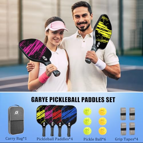 Image of GARYE Pickleball Paddles Set of 4, Carbon Fiber Pickle Ball Paddle, USAPA Approved Lightweight Rackets 4 Pack for Adults and Teenagers, Includes 6 Balls, 1 Bag, and 4 Grip Tapes