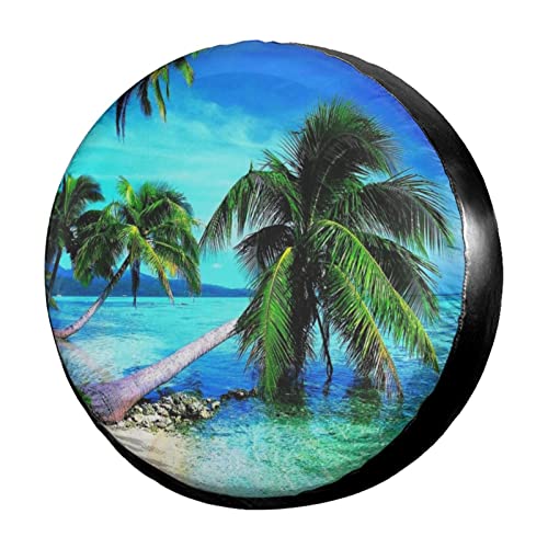 Image of Tropical Palms Trees Navy Blue Ocean Beach Spare Tire Cover Dust-Proof Wheel Tire Cover Fit Trailer, RV, SUV and Many Vehicle 16 Inch
