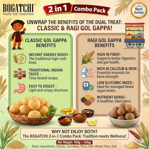 Image of BOGATCHI 2-in-1 Gol Gappa Combo Pack - Classic Gol Gappe 200g + Ragi Gol Gappa 200g | Healthy Ragi Pani Puri Puris | Crispy Chaat Shells for Home Snacks, Parties & Street Food Lovers