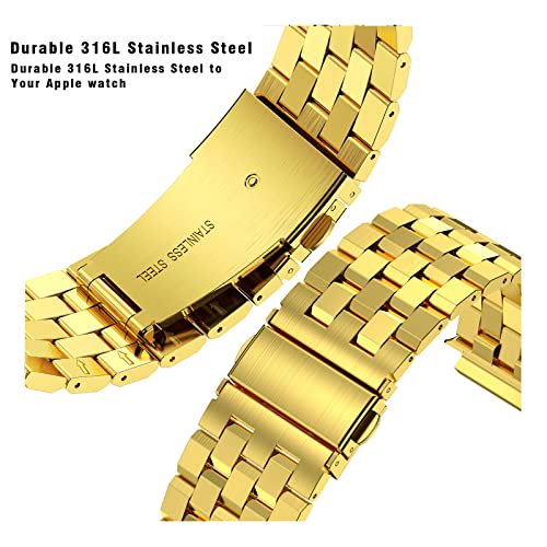 HASLFM Apple Watch Straps Compatible for Apple Watch Series 45mm 9/8/7,Rugged Metal Stainless Steel iWatch Band with Protective Case for Men,Gold - Image 3