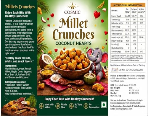 Image of Cosmic Millet Crunches Coconut Hearts Made with Multi Millets, Rich in Fibre, No Preservatives, 80g
