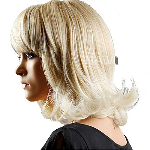 HSG Fashion Wigs Hair Short Blonde Girl Cute Sweet Curly Hair Wigs with Bangs Wavy Ends in 37cm 220g