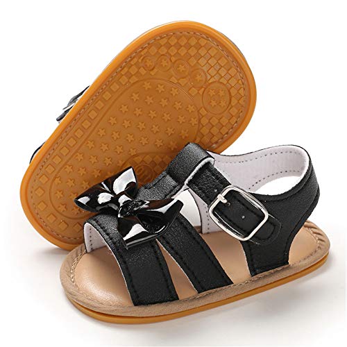 E-FAK Infant Baby Girls Sandals Summer Crib PU Leather Bowknot Soft Anti-Slip Rubber Sole Toddler First Walkers Shoes (6-12 Months, A/Black)