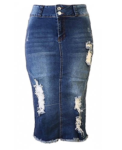 Womens Junior/Plus Size Below Knee Length Midi Pencil Ripped Denim Skirt