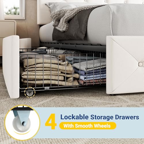 Image of Allewie Upholstered Full Size Platform Bed Frame with 4 Storage Drawers and Adjustable Headboard, Diamond Button Tufted, Wooden Slats Support, Noise-Free, No Box Spring Needed, Easy Assembly, White