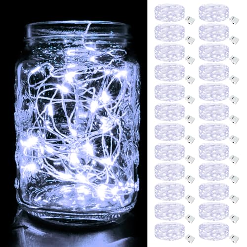 Image of btfarm 24 Pack Fairy Lights Battery Operated, 3 Modes 7ft 20 Led Twinkle Lights, Mini Bulk String Lights Waterproof Silver Wire for Mason Jars Christmas Wedding Vases Centerpiece Decor, Cool White