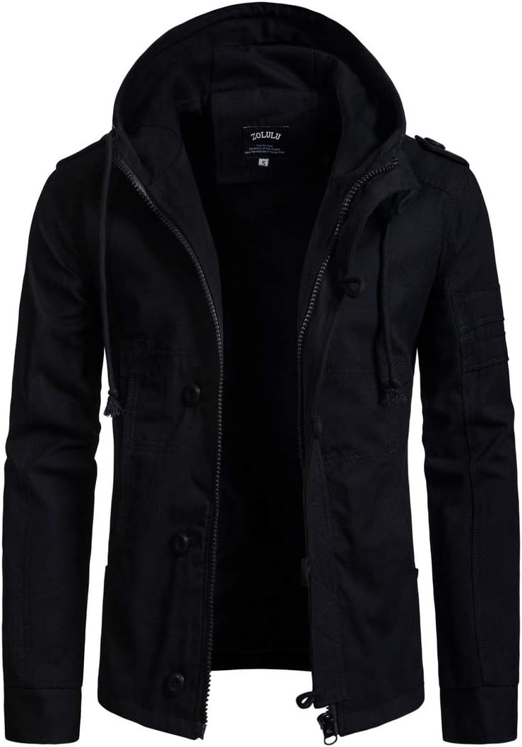 Zolulu Men's Hooded Military Jackets, Lightweight Cotton Casual Fashion Drawstring Full Zip up Sports Outdoors Spring Coat Black