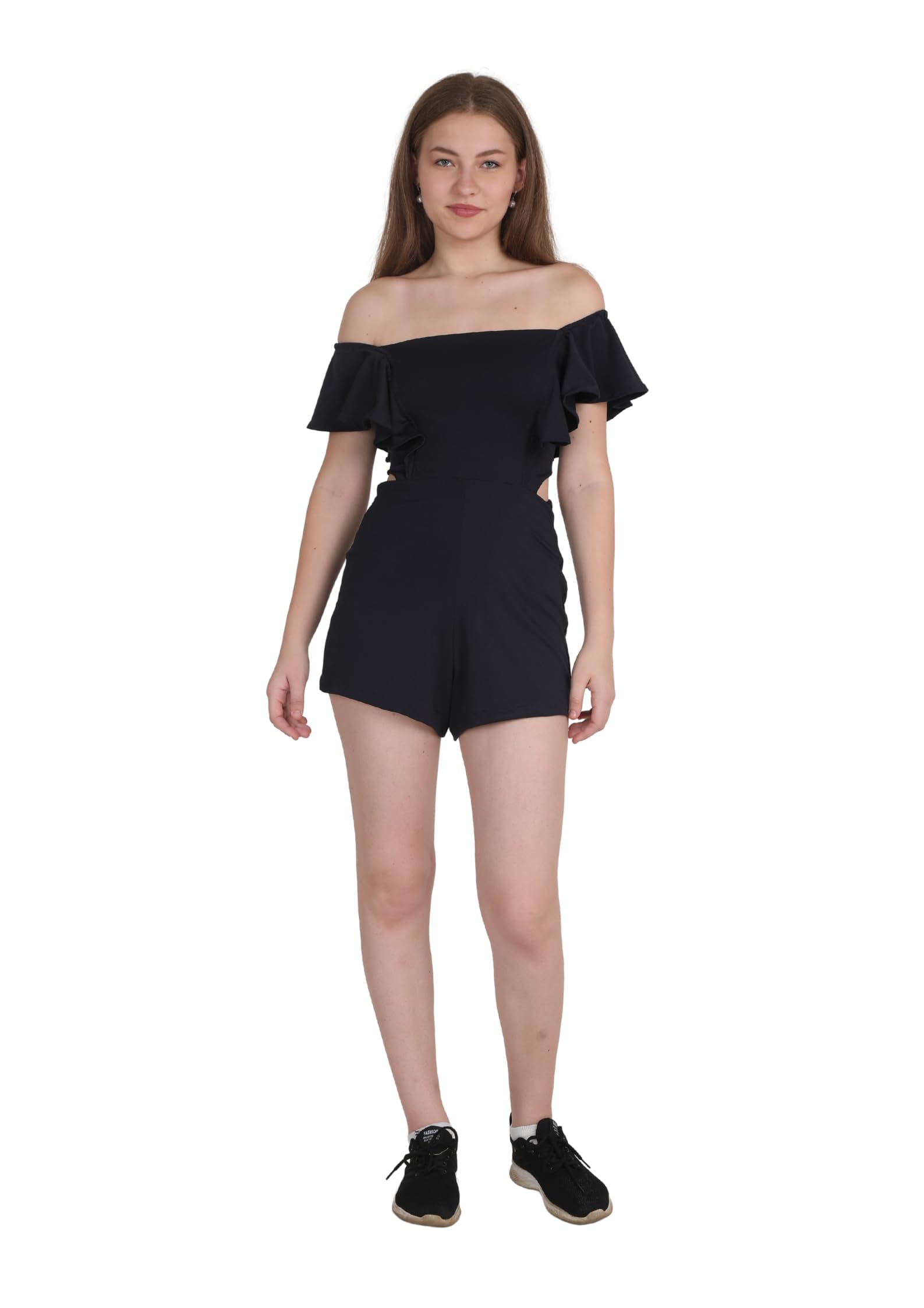 Off-Shoulder Ruffle Romper, Black, Short Sleeve-image-44