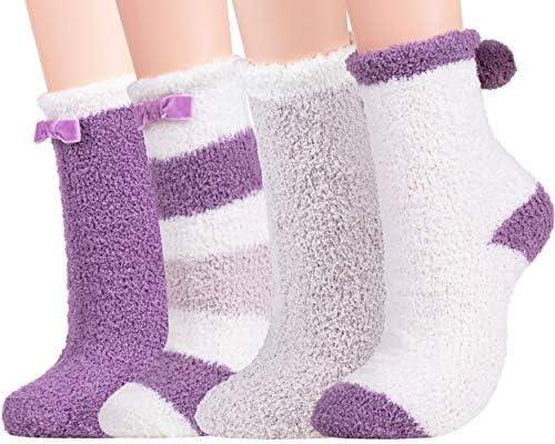 Fuzzy Slipper Socks Women - Non Slip Cozy Plush Soft Warm Fluffy Crew Socks for Winter Purple 4 Pairs