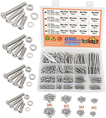 520pcs M3 M4 M5 M6 Nuts and Bolts Set 304 Stainless Hex Socket Head Cap Bolts Machine Screws Nuts and Washers Assortment Set Kit for Fepairing Bicycle Furniture Machine Fasteners