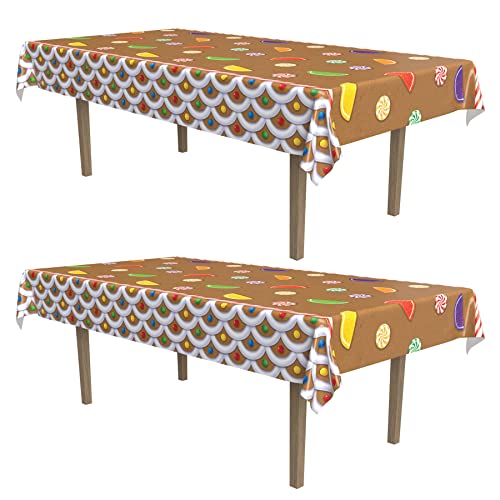 Image of Beistle Gingerbread House Tablecovers, 54 inch x 108 inch, 2 Pieces - Plastic Table Cloth, Rectangular Tablecloth, Table Covers for Party, Gingerbread Party Supplies, Christmas Decorations
