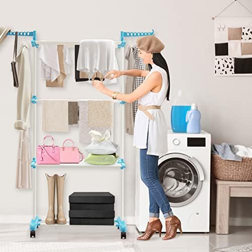 YORKING Clothes Drying Rack 3 Tier Adjustable Rolling Laundry Hanger with Foldable Wings Large Stainless Steel Garment Dryer with Casters for Outdoor Indoor