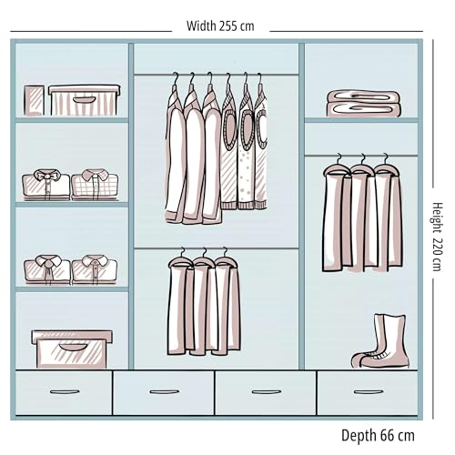 MN Furniture Sycylia High Gloss Sliding Door Wardrobe with Mirror, LED Light & Bottom Drawers | Available in 150cm, 208cm, 255cm - Image 4