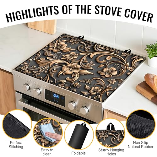 Image of NYZE Stove Cover for Electric and Glass Stove Tops 3-in-1 Stove Mat, Heat Resistant Counter Protector Mat, Non-Slip Surface & Drying Rack (Flowers, 28.5 inchLx20.5 inchW)