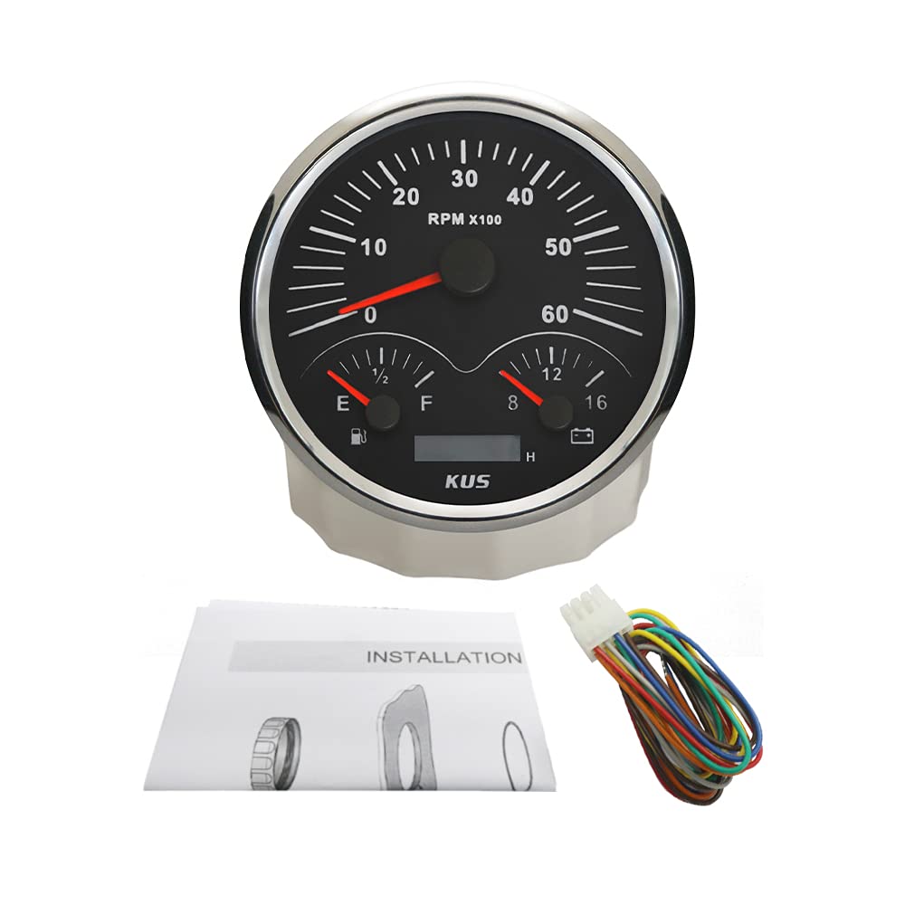 KUS Contagiri 3 in 1 calibro 110 mm 6000 giri/min con indicatore livello carburante voltmetro retroilluminato 12 V per trattori furgoni