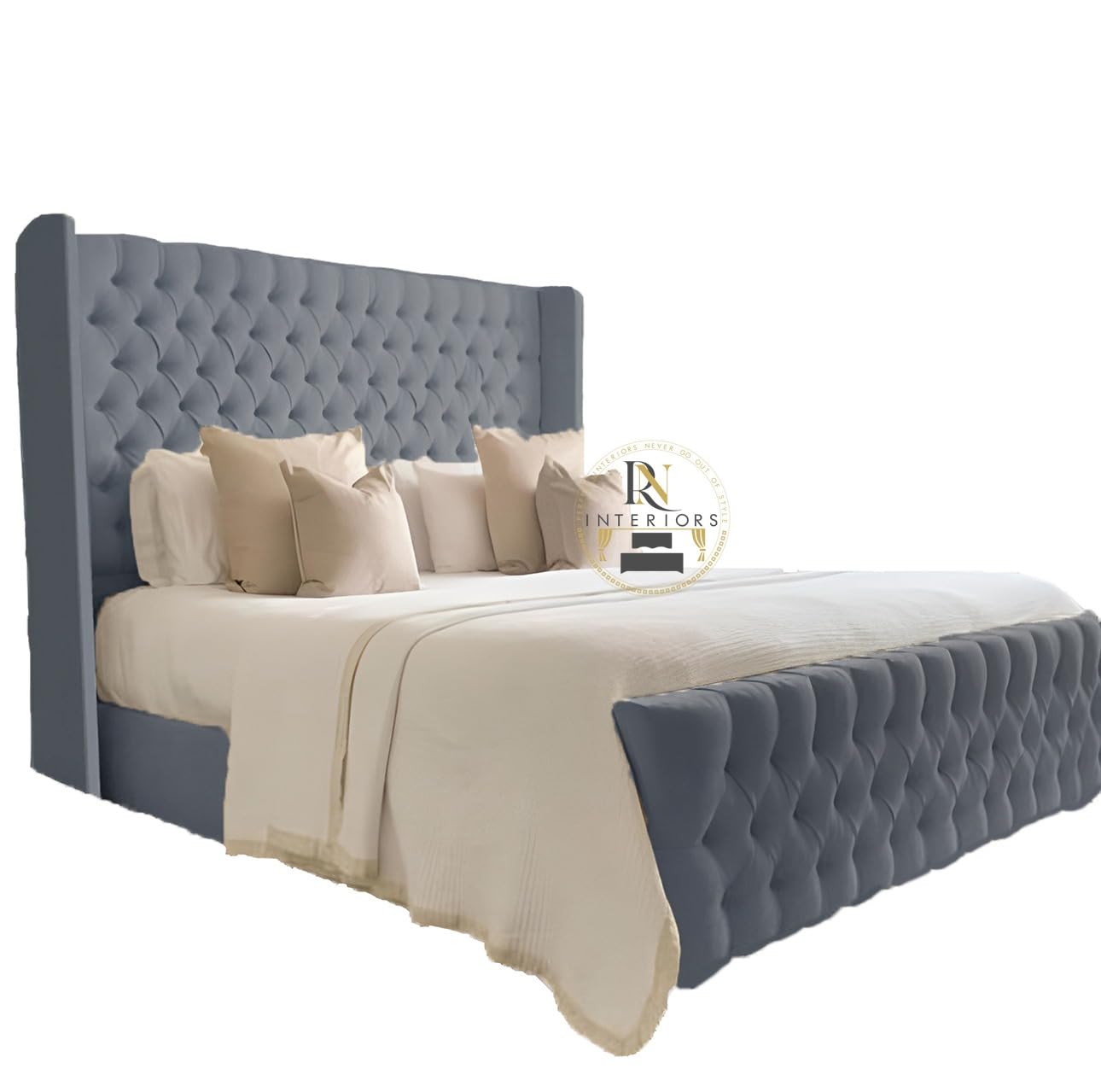 YB Interiors Luxury 5ft King Size Sleigh Chesterfield Bed – Plush Velvet Fabric, High Wingback Grey Headboard