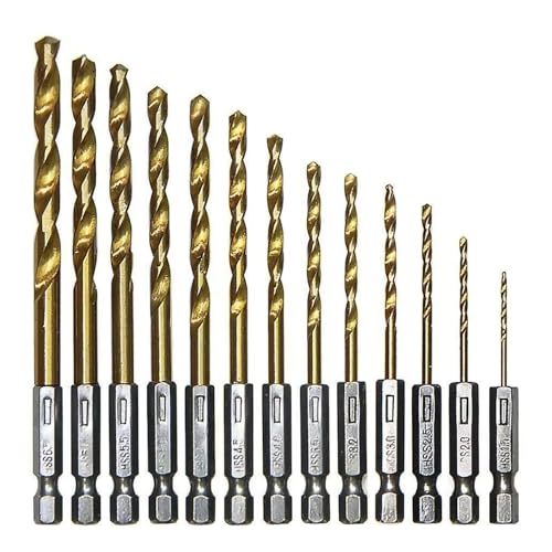 13 Titanium Coated Drill Bit Set - 1/4 Hex Shafts 1.5mm-6.5mm Metal Drill Bits Comes with Handy Storage Holder