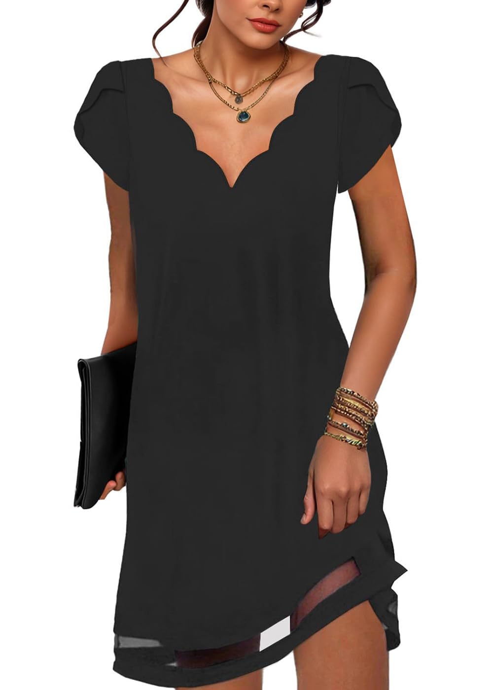 ABYOVRT Robe Femme Ete Manches Courtes Décontractée Col en V Mini Longue Tunique Robe,S-XXL