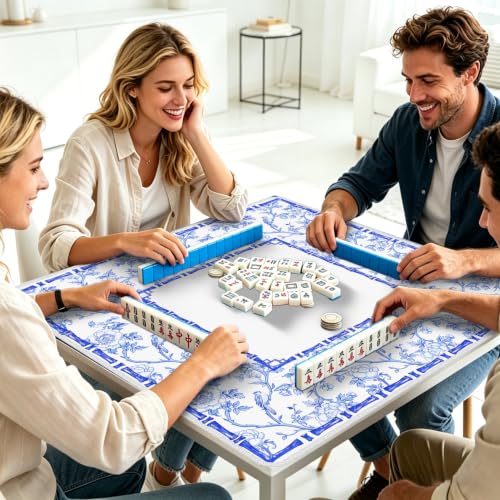 Blue Chinoiserie Floral Mahjong Mat 31.5 x 31.5 Inch with Black Carrying, Anti Slip and Noise Reduction Multi Purpose Game Table Cover for Mahjong, Card, Board Tile Games by HCSS - Used condition - Image 7