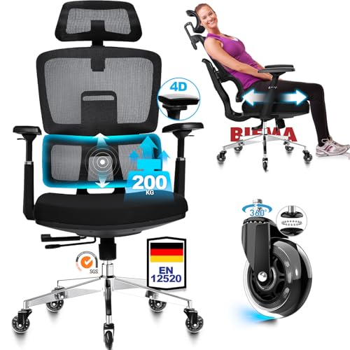 MELOKEA Silla Escritorio 200kg, Ruedas Silla Oficina Goma, 4D Apoyabrazos, Respaldo y Profundidad Ajustables, Mecanismo de Bloqueo de 4 Posiciones, Cojín De Asiento Elástico, Silla Ergonomica
