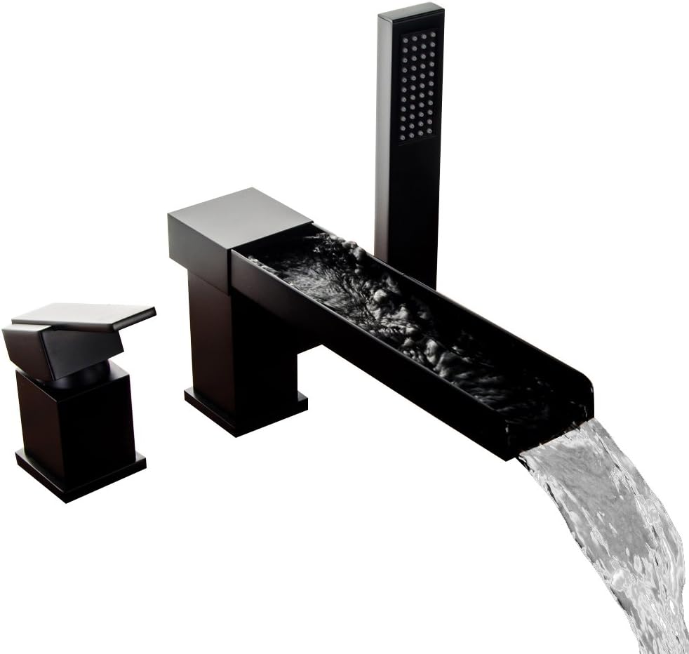 Get Popular Offer Lovedima Contemporary 3-Hole Bathroom Waterfall Bathtub Faucet Roman Tub Filler with Handheld Shower (Black)