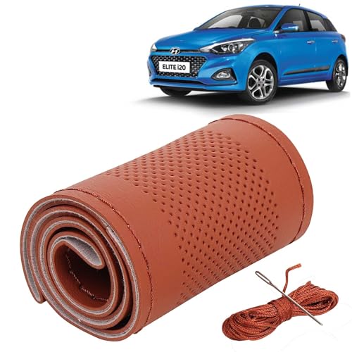Image of KINGSWAY PU Leatherite Car Steering Cover Sewable Compatible with Hyundai Elite I20 (Year 2018-2020), Tan Color with Tan Thread, Pack of 1 with Sewing Needle and Thread