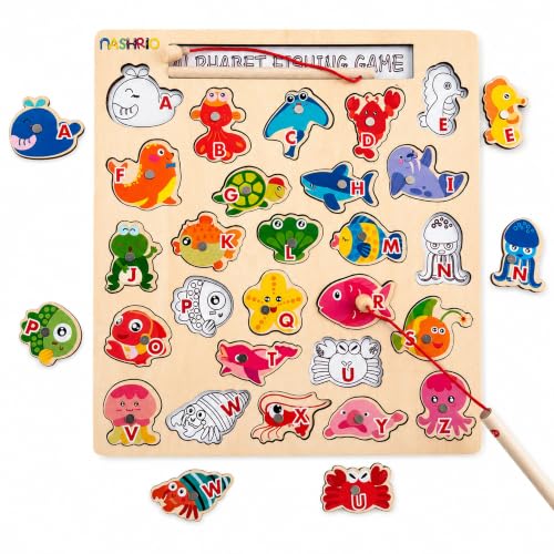 Image of NASHRIO Magnetic Wooden Alphabet Fishing Game for Kids Ages 3-5, ABC Letter Puzzle Board with 26 Sea Animal Pieces, Preschool Learning Fine Motor Toy for Boys Girls 3 4 5