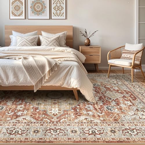 9x12 Area Rug Living Room: Machine Washable Boho Large Vintage Soft Rugs Stain Resistant Farmhouse Oriental Non Slip Indoor Floor Carpet for Bedroom Nursery Kids Playroom Office Dining Room- Red Brown