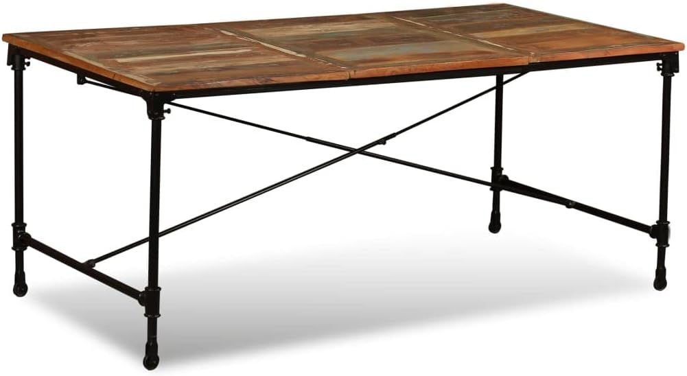Multicolor Solid Reclaimed Wood and Powder-Coated Steel Dining Table, Rectangular Shape Seats Up to Six, Wheels for Easy Setup, Durable Rust-Resistant Legs, Functional