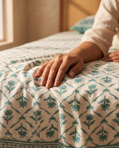 Image of Naksh Queen Size Bed Sheet Green Heritage Floral Print 2 Pillow Covers | Green Heritage Floral Print | Rajasthan-Inspired Design for Queen Size Bedrooms