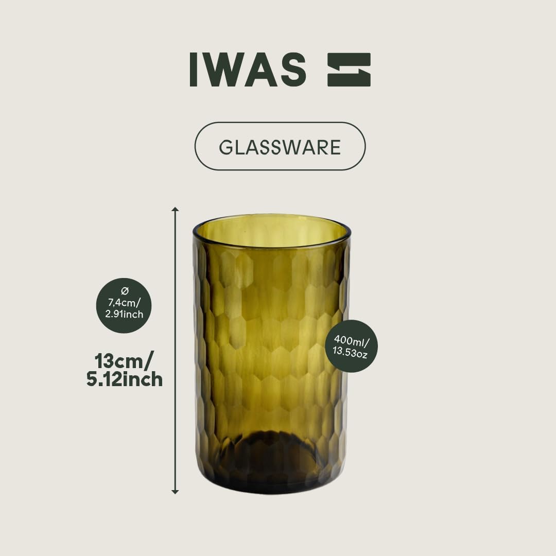 IWAS Upcycled Small Honeycomb Textured Drinking Glasses, Tall, 13.53 OZ / 400 ML, Set of 4 Olive Green Glasses, Handcrafted Sustainable Glassware - Image 3