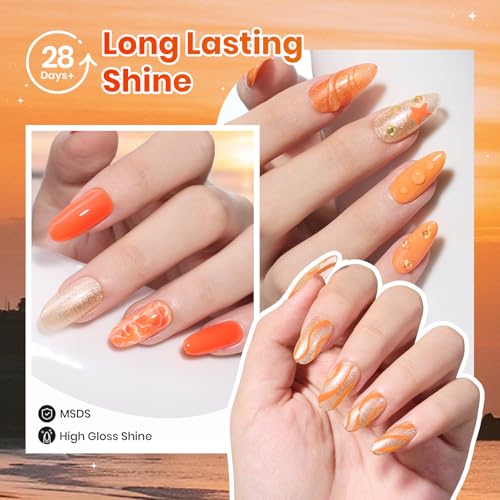 Image of Beetles Orange Gel Nail Polish Set - Summer Sunset Auras Shimmer Gel Polish, 6 Colors Sunrise Tangerine Coral Orange Gel Nail Art, Soak Off Uv DIY Salon Manicure Kit Gift for Women