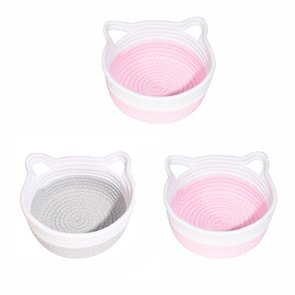 Woven Storage Basket 3 Cat Handle Rope Debris Basket (Pink Medium & Pink Medium & Grey Medium) Decorative Mini Storage Box Round Little for Family Desk Dog Cat Toy Kids Baby Boys
