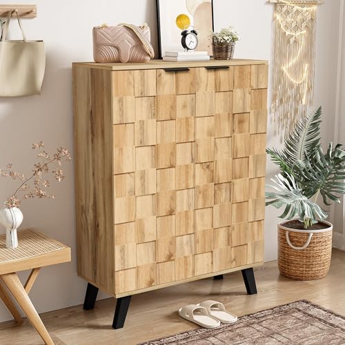 OKMYHOME - Aparador para zapatos con 5 compartimentos y estantes ajustables - para entrada de salón - 80,5 x 35 x 109,5 cm - Natural