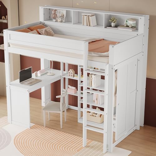 LATICO Kinderbett Hochbett 90x200, Hausbett Etagenbett mit Tisch & Kleiderschrank & Regalen Stauraum, Einzelbett Holzbett Bettgestell Kinderbett mit Rausfallschutz und Lattenrost, Ohne Matratze, Weiß
