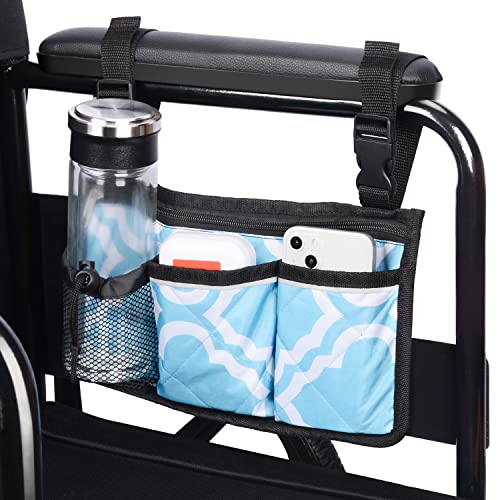 supregear Wheelchair Side Bag w/Cup Holder, Armrest Storage Pouch with 6 Pockets and Reflective Strip for Wheelchairs, Walkers or Rollators, Walker Side Bag for Seniors Elderly