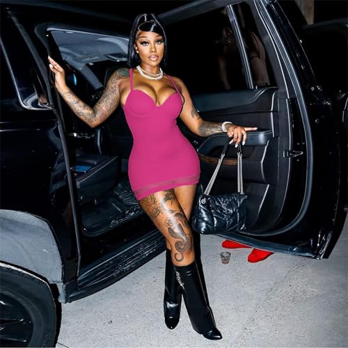 Image of Sexy Bodycon Mini Dress for Women Sweetheart Neck Spaghetti Strap Mesh Hem Party Club Night Out Short Dresses