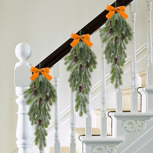 Xmas Tree Christmas Teardrop Swags Christmas Teardrop Swag Garlands Winter Rustic Needles Swag with Cones Velvet Bow Artificial Hanging Garla