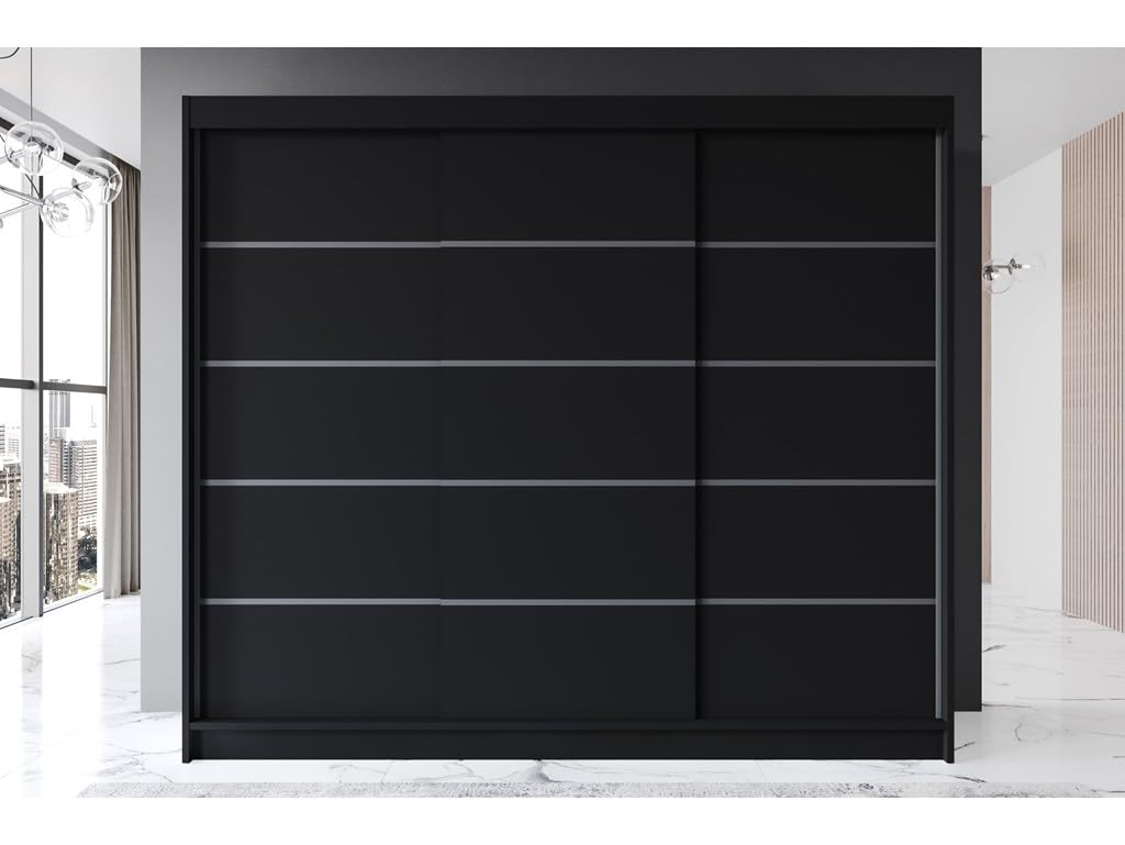 R7 250 cm Schwarz Schiebetüren Kleiderschrank 250x215x58 cm Schlafzimmermöbel, Aufbewahrung - Mehrzweckschrank - Farbe: Schwarz
