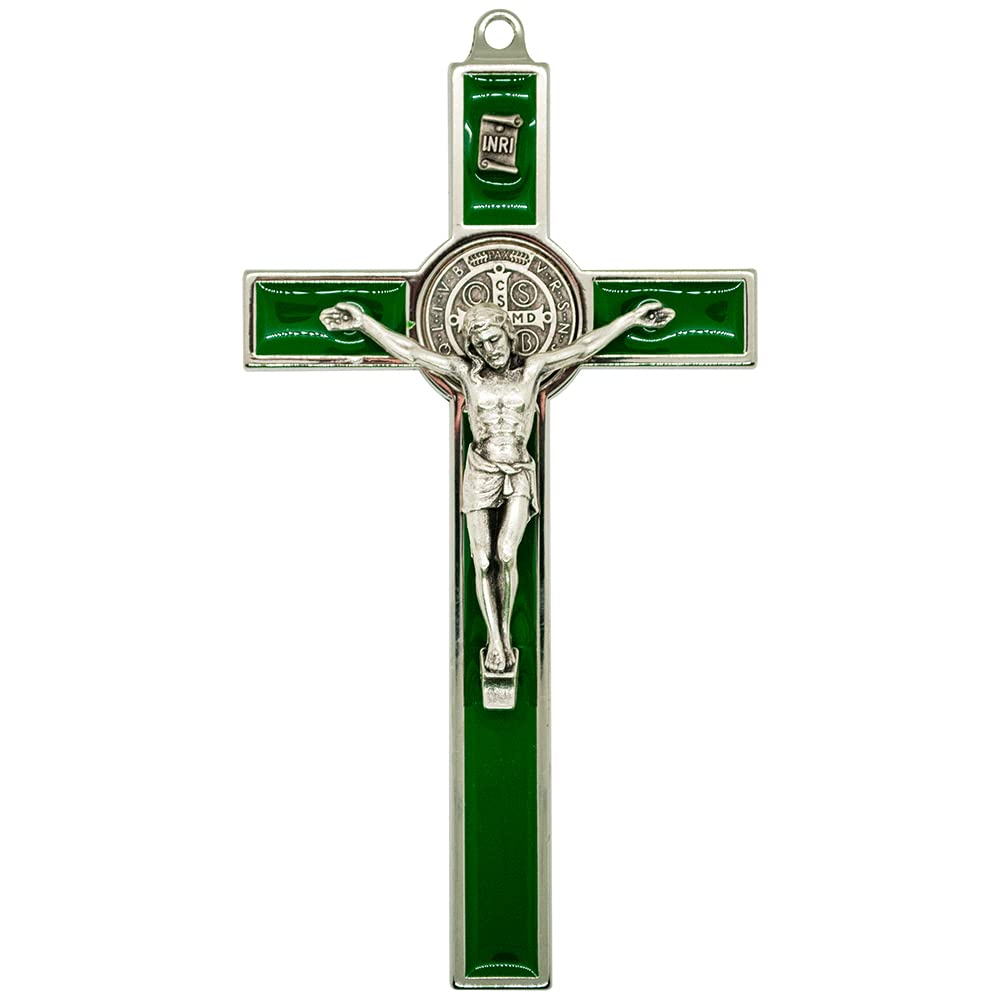 Saint Benedict Medal Crucifix | Ready to Hang on Wall | Patron Saint of Students and Europe | Great Catholic Gift for Baptism, First Holy Communion, and Confirmation | Christian Home Décor (Green)