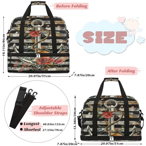 Travel Duffel Bag with Shoe Compartment, Anchor Rose Pattern Shoulder Weekender Bags for Women, Foldable Waterproof Travel Bag Carry on Bag2