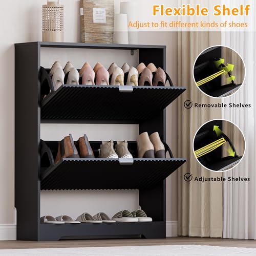 Image of BORNOON Shoe Cabinet with 2 Flip Drawers, Fluted Shoe Storage Cabinet with Adjustable Shelves, Freestanding Rack and Organizer for Entryway, Closet, Hallway