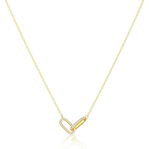 Freekiss Gold Pendant Necklace for Women, Dainty Diamond Necklaces for Women Simple 14K Gold Plated Paperclip Choker Necklaces Cute Minimalist Open Oval Necklaces Gold Jewelry for Women Gifts